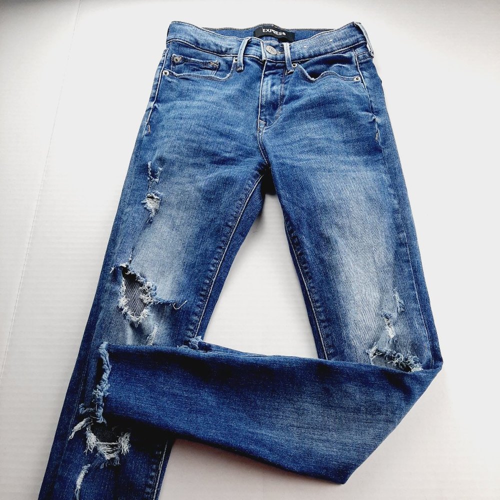 Express Womens Ankle Jegging Jeans Size 00 Medium Wash Ripped Denim Mid Rise